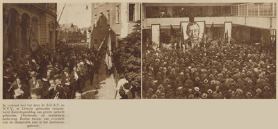 874386 Collage van 2 foto's betreffende het congres van de S.D.A.P. en N.V.V. in de Jaarbeursgebouwen (Vredenburg) te ...